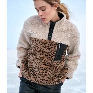 RAILS Saga Leopard Print Faux Shearling Pullover Fleece Jacket Sherpa $248 S